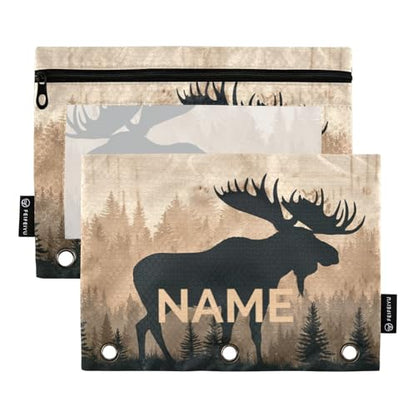 Custom Text Moose Brown Wood Pencil Pouch for 3 Ring Binder Personalized Text Photo Pencil Case Clear Window Pencils Bag for School Office 2 Packs - color: Custom Moose Brown Wood
