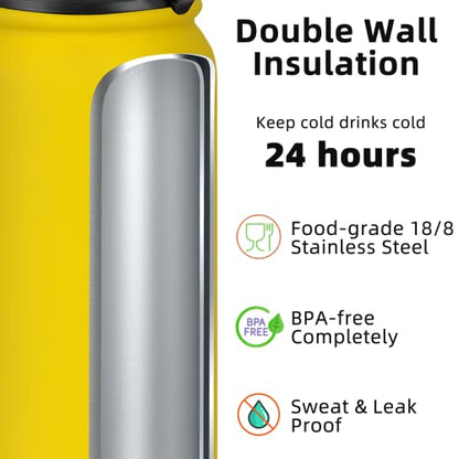 Fanhaw 20 Oz Kids Insulated Stainless Steel Water Bottle with Straw Lid, Leakproof & Anti-Dust Everyday Use Bottle for School, Women & Men, Back to School Essentials (Yellow) - color: Yellow, style: 20 Ounces