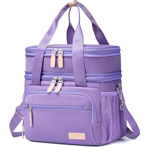 Weitars Insulated Lunch Box for Women Men-Dual Compartment Waterproof Reusable Large Lunch Bag Wide-Open Tote Cooler Bag For Working Picnic Hiking (15L) (Purple) - color: Purple