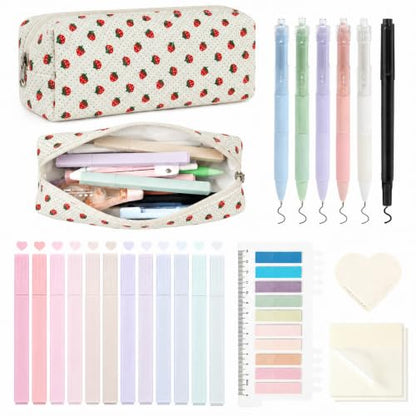 22Pcs Book Annotation Kit Aesthetic Pencil Case with Supplies School Annotation Supplies Gel Pen Transparent Sticky Note Taking Bible Study College Stationery Supplie (White Strawberry Dot) - color: White Strawberry Dot