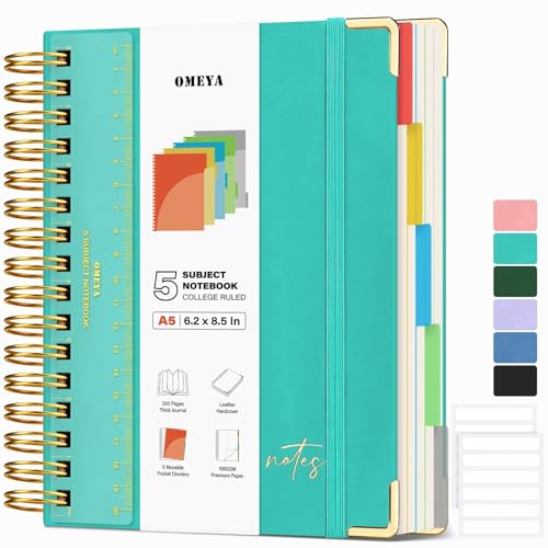 Leather 5 Subject Spiral Notebook: Hardcover College Ruled Notebook with Pocket Dividers & Ruler, 300 Pages 100GSM Thick Writing Spiral Journal for Women Men, Lined A5 Notebooks for Work School, 6"x8" - color: Tiffany Blue, size: A5