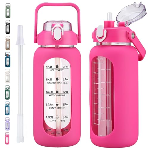 64oz Glass Water Bottles with Straw, Half Gallon Motivational Glass Bottle with Silicone Sleeve and Time Marker, 2L Leakproof Large Glass Water Jug for Gym Home Office, Rose Red - color: Rose red, size: 64 Ounces
