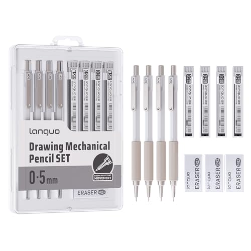 languo 0.5mm Mechanical Pencil Set with Case, 4PCS Drafting Mechanical Pencils Kit – 4 Tubes 2B Lead Refills, 3 Erasers, Ideal Pencil Set for Writing & Drawing - style: 0.5mm