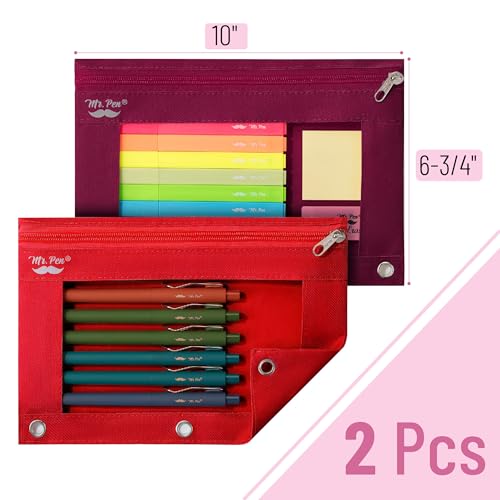 Mr. Pen- Pencil Pouch for 3 Ring Binder, 2 Pack, 10"x6.75", Smooth Zipper | Clear Window, Large Capacity Pencil Case with 3 Reinforced Grommets for School, Office, Supplies Storage | Clear Window, Large Capacity Pencil Case with 3 Reinforced Grommets for