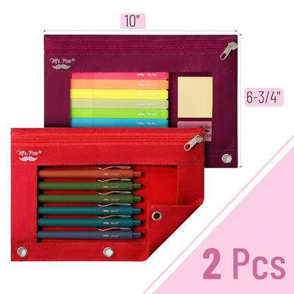 Mr. Pen- Pencil Pouch for 3 Ring Binder, 2 Pack, 10"x6.75", Smooth Zipper | Clear Window, Large Capacity Pencil Case with 3 Reinforced Grommets for School, Office, Supplies Storage | Clear Window, Large Capacity Pencil Case with 3 Reinforced Grommets for