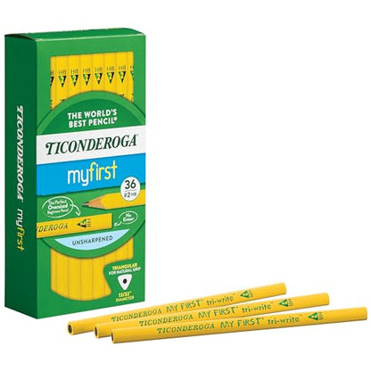 Ticonderoga My First Tri-Write Wood-Cased Pencils, Unsharpened, 2 HB Soft, Without Erasers, Yellow, 36 Count
