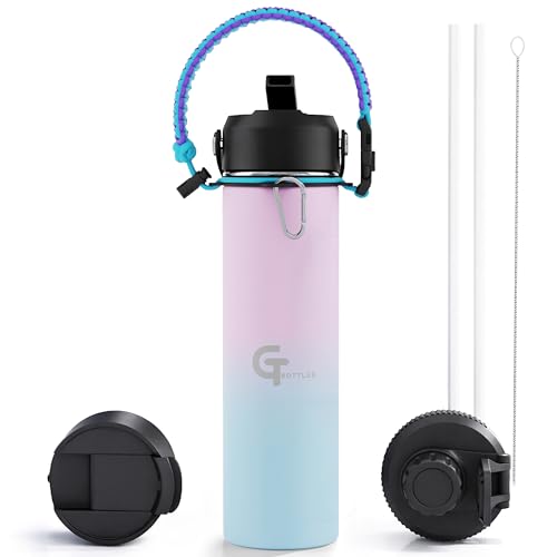 22oz Insulated Stainless Steel Water Bottle with 3 Lids & Paracord Handle – Leakproof Wide Mouth Metal Sports Bottle for Gym, School & Travel (Light Purple/Sky Blue, 22oz) - color: Light Purple/Sky Blue, size: 22oz