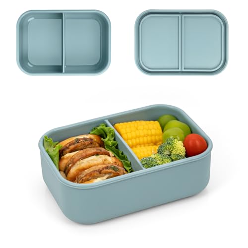 100% Silicone Bento Box Adult with 2 Compartments, 24oz, Reusable Small Divided Lunch Box Meal Prep Containers for Food Snack Storage, BPA-Free Plastic-Free, Microwave Dishwasher safe, Green - color: Green | 24oz | 2-Compartment