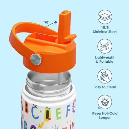 SANDJEST Kid Water Bottle 12oz with Straw Lid - 2-Pack Insulated Stainless Steel Water Bottles for Kids Girls Boys - Travel Cup for Back to School Sports Christmas Birthday (Alphabet & School Bus) - color: Alphabet + Construction