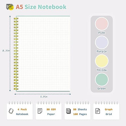 Umriox Graph Spiral Notebook, 4 Pack 5.9" x 8.3" Graph Notebook Journal, Sturdy Double Spiral Binding, Graphing Grid Notebook for Math, Lab, Engineering, School, Work - size: 5.9 x 8.3 in, style: Squared