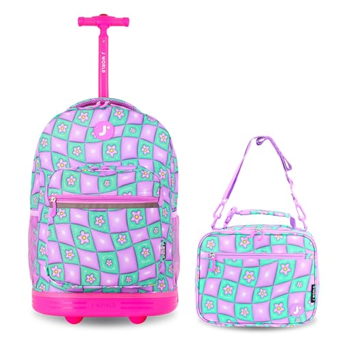 Bundle of J World Sunrise Girls Rolling Backpack with Lunch Box. Roller Bookbag Set + Matching Cody Lunch Bag for School, Puffy Flower