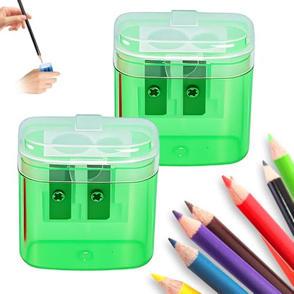 Pencil Sharpeners with Lid, Dual Holes Handheld Pencil Sharpener Manual for Standard and Jumbo Pencils, Compact Cute Sharpener Adults Students School Home Office (2*Green) - color: 2*green