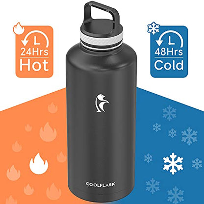 Coolflask 87 oz Insulated Water Bottle Stainless Steel with Straw & 3 Lids | 2/3 Gallon Large Water Jug, Triple-Wall Vacuum, Cold 48+h/Hot 24+h, Dishwasher Safe, BPA-Free, for Gym & Hiking - color: Magic Black, size: 87 Ounces