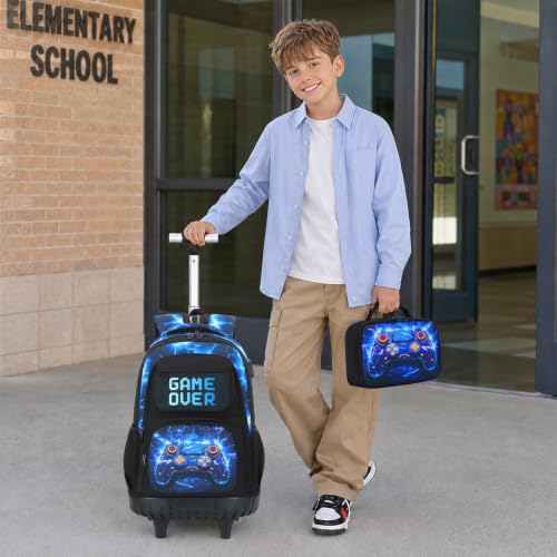 Scothen 3PCS Rolling Backpack for Boys, Cool Gamer Roller Backpack with Wheels, Kids Boy Wheeled Backpacks with Lunch Bag Pencil Case for Teens Bookbag Kindergarten Elementary Middle School - color: Blue Lighting