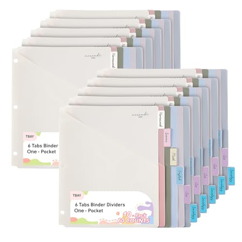 6-Tab Binders Dividers for 3 Ring Binder, 60 Counts Binder Dividers Index with One Pockets, Letter Size 8.5 x 11'', Morandi Colors (10) - color: Morandi Colors, size: 10-Pack