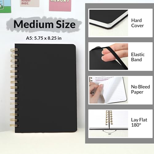 SUNEE Lined Spiral Journal Notebook for Women, 146 Pages College Ruled Hardcover Journaling Notebook for Work, Note Taking and Office School Supplies, A5 -Black - color: Black
