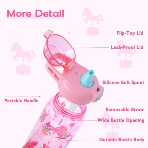20oz Kids Water Bottle For School or Travel, Leak-Proof & Dishwasher, Durable Plastic Sport Water Bottle With Straw and Handle, Carousel - color: Pink carousel
