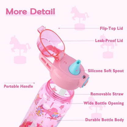 20oz Kids Water Bottle For School or Travel, Leak-Proof & Dishwasher, Durable Plastic Sport Water Bottle With Straw and Handle, Carousel - color: Pink carousel