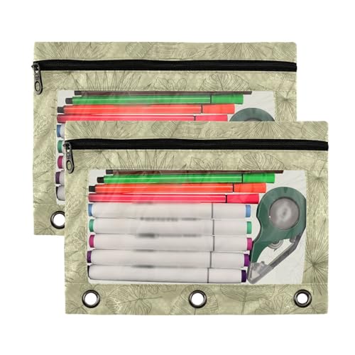 Blueangle Tropical Leaf Line Art Pencil Pouch for 3 Ring Binder, 2 Pack Clear Window Zipper Pencil Bags for Office