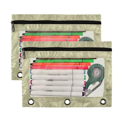 Blueangle Tropical Leaf Line Art Pencil Pouch for 3 Ring Binder, 2 Pack Clear Window Zipper Pencil Bags for Office