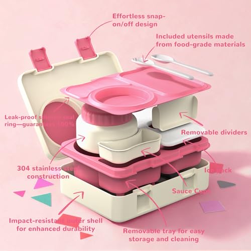 Bento Box for Kids, Leakproof Kids Bento Lunch Box Container with 8oz Insulated Thermo Food Jar, Sauce Jar, Utensil, DIY Stickers for School Boys Girls, 3-4 Compartments, BPA-Free - color: Beige Pink