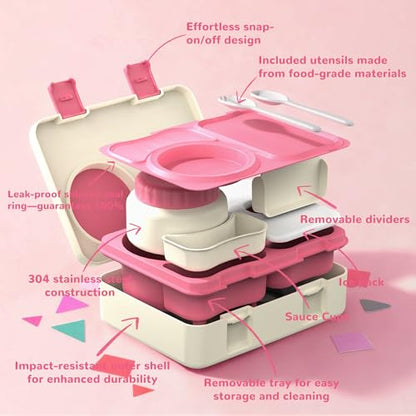 Bento Box for Kids, Leakproof Kids Bento Lunch Box Container with 8oz Insulated Thermo Food Jar, Sauce Jar, Utensil, DIY Stickers for School Boys Girls, 3-4 Compartments, BPA-Free - color: Beige Pink
