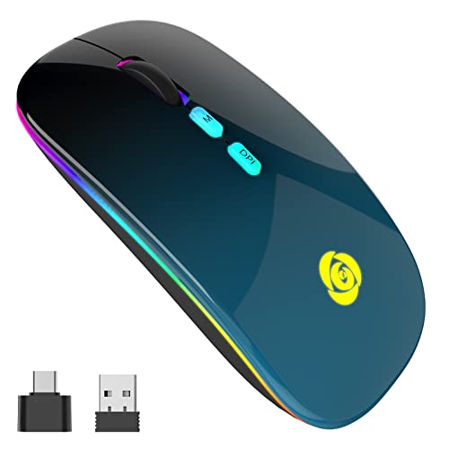 LED Wireless Mouse, Bluetooth Mouse &2.4GHz Instant Connection,Rechargeable Ultra Silent Slim,3 DPI 2 Connection Modes with USB-C to USB Adapter for Laptop/MacBook/PC/Tablet/iPad (Black-blue) | Bluetooth mouse with 2.4GHz USB receiver, silent slim design,