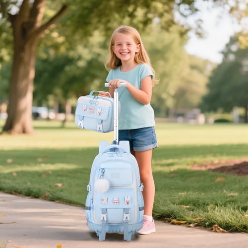 DIGOBAY Rolling Backpack for Girls, Roller School Bag with Wheels, Wheeled Backpacks with Lunch Bag Pencil case for Elementary School Bookbags with Cute Pins Blue - color: Blue