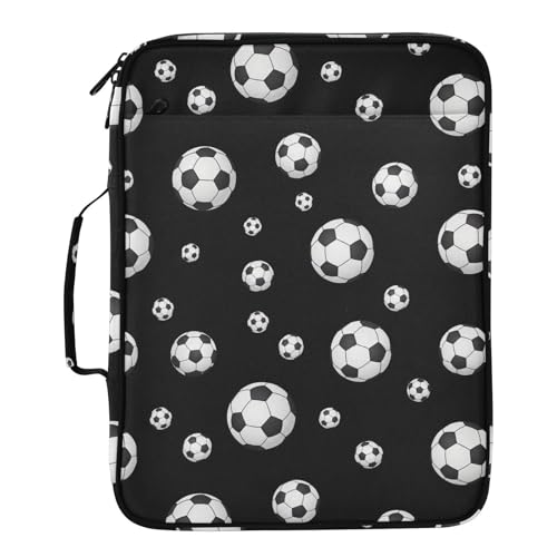 Heavy-Duty 3-Hole Ring System Binder Organizer Portfolio with 7-Pocket Expanding Section and Elastic Pen Loops Organizer for Corporate Boardrooms Black White Soccer Balls