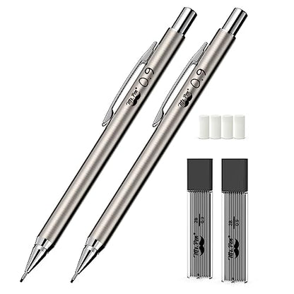 Mr. Pen- Metal Mechanical Pencil Set with Lead Refills & Erasers, 2 Pack | 0.9mm, 4x Tubes 2B Lead Refill, 4x Eraser Refills for School Supplies, Note Taking, Drawing, Sketching, Office - style: 0.9mm