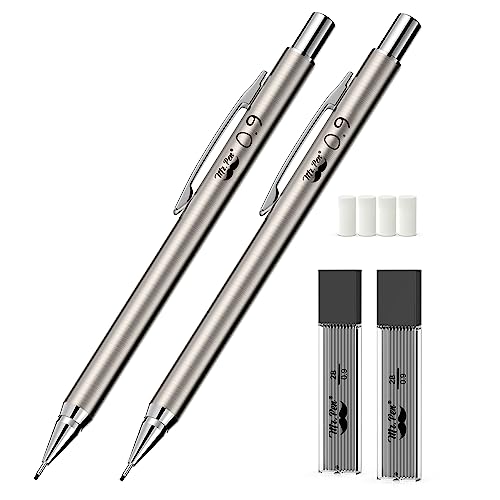 Mr. Pen- Metal Mechanical Pencil Set with Lead Refills & Erasers, 2 Pack | 0.9mm, 4x Tubes 2B Lead Refill, 4x Eraser Refills for School Supplies, Note Taking, Drawing, Sketching, Office - style: 0.9mm