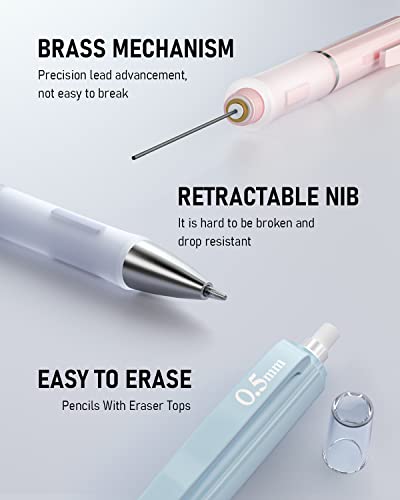 Nicpro 3PCS Pastel Mechanical Pencil Set, 0.5 Mechanical Pencils with 6 Tube HB Lead 0.5mm, 3 Eraser and 9 Eraser Refill & Case, Aesthetic School Supplies for Drafting Sketching, Drawing & Writing - style: 3 Pack (0.5mm)