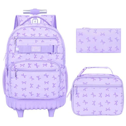 AGSDON Sophisticated Bow Print Rolling Bookbag for Girls Set – 20” Roller School Backpack with Matching Lunch Box for Travel, Commute | Water-Resistant Fashion Wheeled Organizer in Purple - color: Rolling Backpack Set - Bow Purple