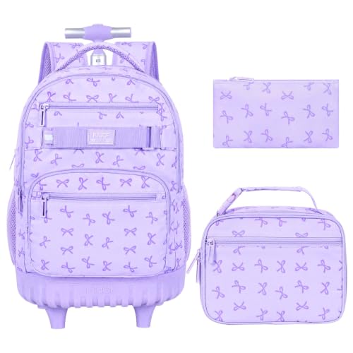 AGSDON Sophisticated Bow Print Rolling Bookbag for Girls Set – 20” Roller School Backpack with Matching Lunch Box for Travel, Commute | Water-Resistant Fashion Wheeled Organizer in Purple - color: Rolling Backpack Set - Bow Purple