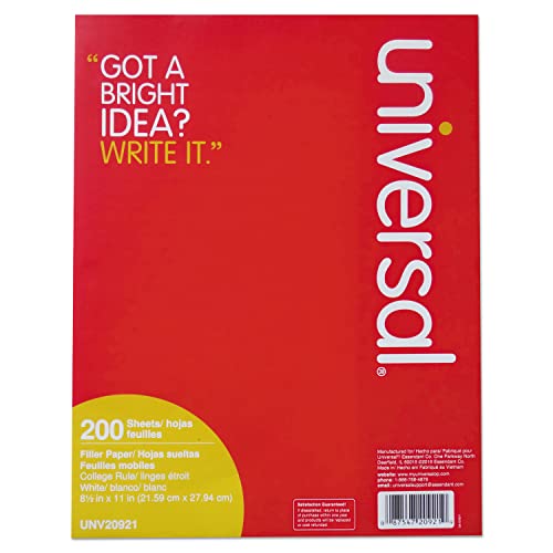 Universal 20921 Filler Paper, 8 1/2 x 11, College Rule, White, 200 Sheets/Pack