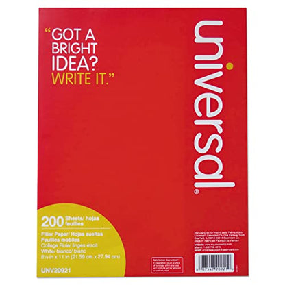 Universal 20921 Filler Paper, 8 1/2 x 11, College Rule, White, 200 Sheets/Pack