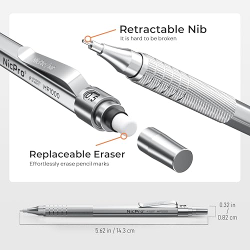 Nicpro 0.5 Mechanical Pencil Set with Case, 3PCS MP1000 Metal Artist Pencil & 8 Tube HB Lead Refills 0.5mm, 3 Erasers,9 Eraser Refills For Architect Writing Drafting, Drawing, Engineering, Sketching - color: Silver, style: 0.5 MM