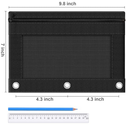 3-Ring Pencil Pouch, 2 Pack Black Bulk Pencil Case, Pencil Bags with Zipper for Office Supplies Cosmetics, with Zipper & Reinforced Grommets Fabric Large Pencil Case for 3 Hole Binder - color: Black