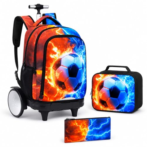 gxtvo Large Wheels & Quiet Glide | Rolling Backpack for Kids - Water-Resistant Wheeled Bag with Lunch Box for School, Travel & Outings - Fire & Lightning Soccer - color: Rolling Backpack Fire Lightning Soccer