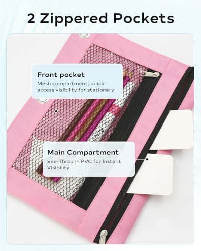 Pencil Pouch 3 Ring Binder: 3 Ring Binder Pencil Case Bag Zipper Pencil Pouch Bulk Holder Accessories Clear Window Pencil Case Aesthetic Pencil Organizer Pockets (Pink, 1), 3RB-muti - color: Pink