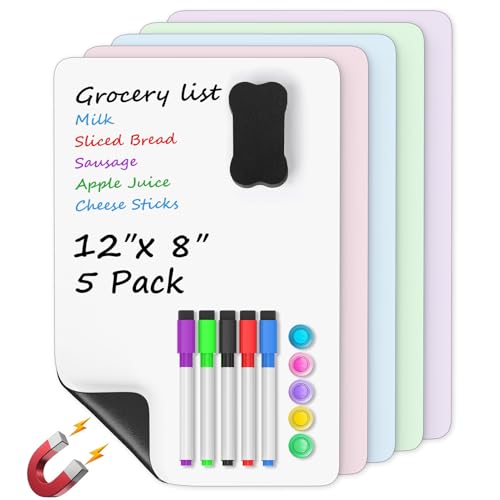 MaxGear Magnetic Whiteboard for Fridge 12x8 Multicolor 5 Pack | Strong Magnet, Dry Erase, Reusable, Easy Clean, Stain Resistant, Meal Planner, Grocery List, Family Notes, Kitchen Organizer - color: Multicolored