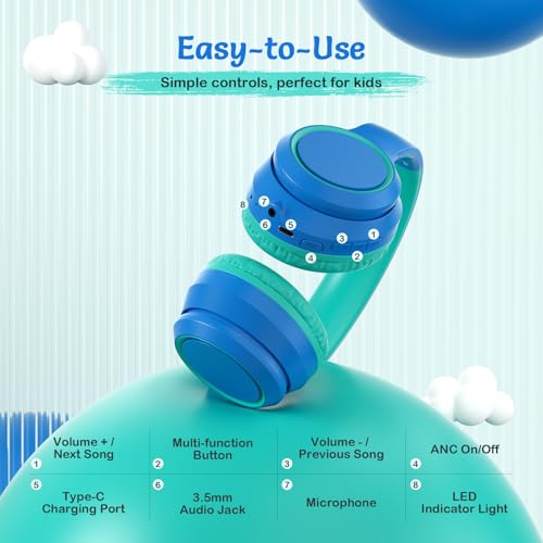 TONOSHARK Kids Bluetooth Headphones with Active Noise Cancelling, Wireless Over-Ear Headphones for Boys Girls, Foldable, Adjustable, 40H Playtime, Mic for School Travel(Blue) - color: Blue