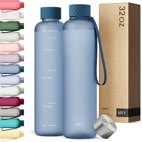 KIVY Slim Water Bottle 32oz [Lightweight & Shatterproof] Fits Backpack & Cupholder for Travel, Sports, School - Blue water bottle no straw - Cute aesthetic water bottles screw top - Dishwasher Safe - color: 05 Navy Blue, size: 32 Ounces
