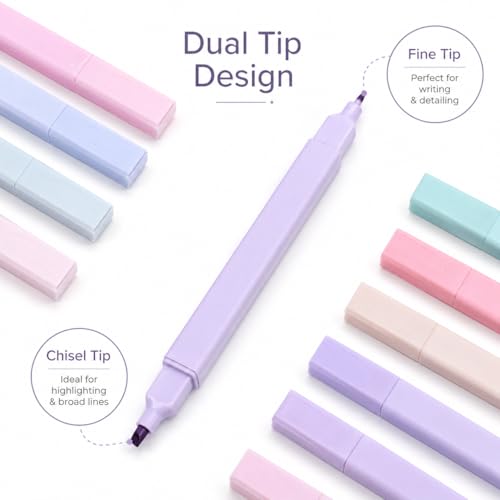 Pastel Highlighters, 12 Pack Dual Tip Highlighter Set with Chisel and Fine Tips, Aesthetic Bible Highlighters No Bleed Through for Journaling, Bible Study, Planner, Note Taking, School and Office