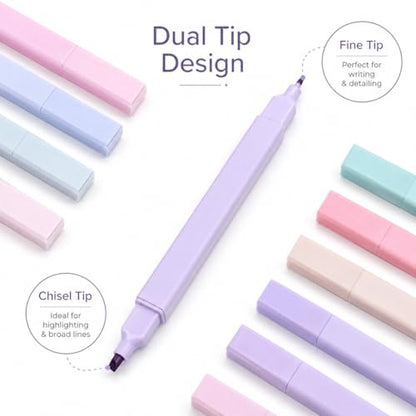 Pastel Highlighters, 12 Pack Dual Tip Highlighter Set with Chisel and Fine Tips, Aesthetic Bible Highlighters No Bleed Through for Journaling, Bible Study, Planner, Note Taking, School and Office