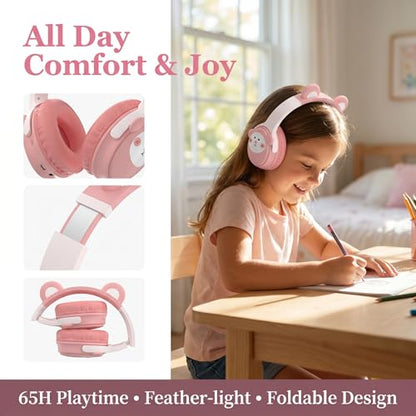 [65H Playtime] Cute Animal Ear Kids Bluetooth Headphones for Girls Women, Wireless Headphones with Microphone, Foldable Over-Ear Headset for School Travel, Pink - color: Pink