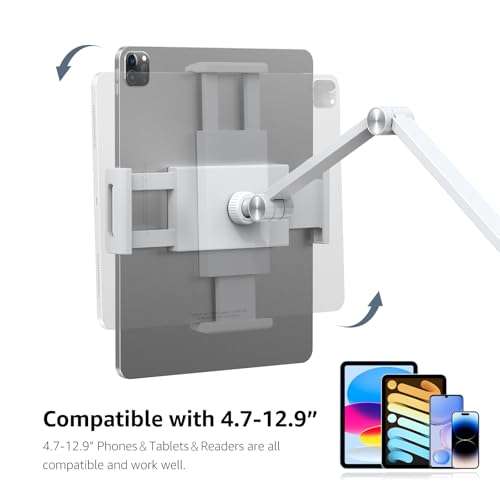 BEWISER Adjustable Tablet Wall Mount Holder, Swivel 360 Rotating, Compatible with 4.7-12.9 inch Devices, High-Grade Aluminium Alloy, White - color: White