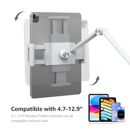 BEWISER Adjustable Tablet Wall Mount Holder, Swivel 360 Rotating, Compatible with 4.7-12.9 inch Devices, High-Grade Aluminium Alloy, White - color: White
