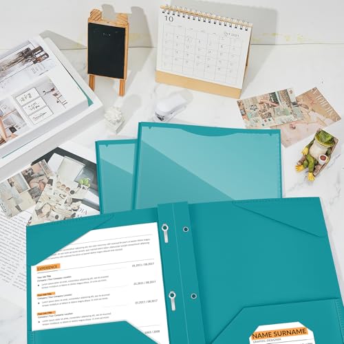 Henoyso 48 Pcs Plastic Folder with Clear Front Pocket and 3 Prongs Heavy Duty Plastic Folders with Card Slot Pocket Folders with Prongs for School Office Home(Teal Green) - color: Teal Green