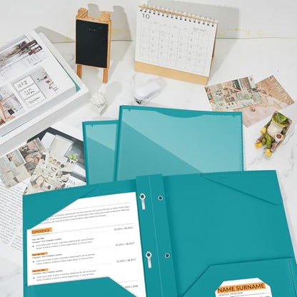 Henoyso 48 Pcs Plastic Folder with Clear Front Pocket and 3 Prongs Heavy Duty Plastic Folders with Card Slot Pocket Folders with Prongs for School Office Home(Teal Green) - color: Teal Green